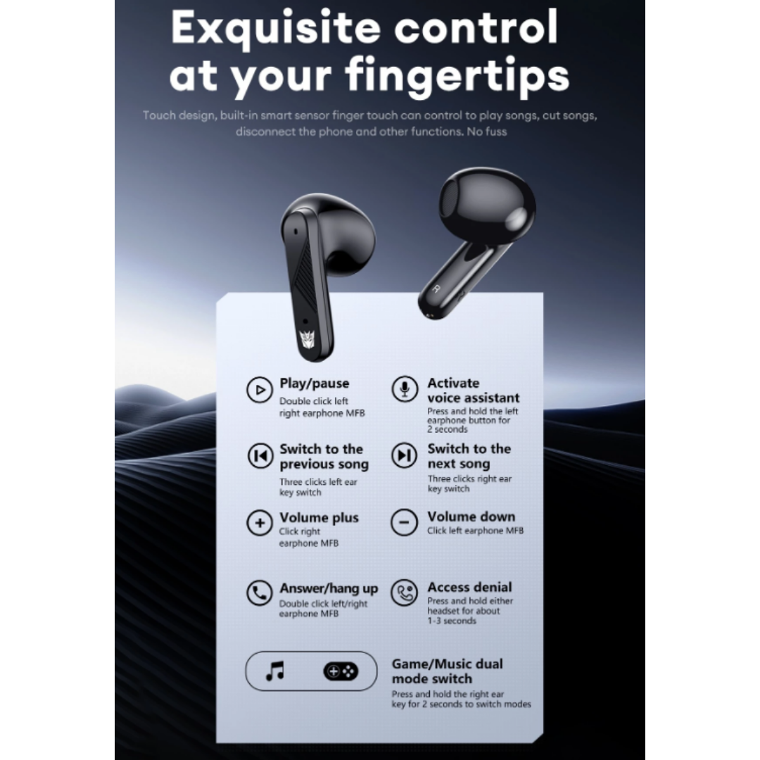 Transformers TF-T71 Bluetooth 5.4 Earphones | Hi-Fi 3D Stereo Sound | 24H Battery Life | Sport Waterproof Intelligent Touch Control Gaming TWS