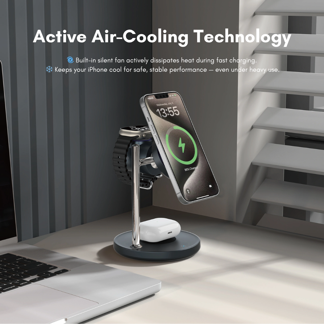 Angled view of the WiWU charger showing the premium electroplated zinc alloy material and futuristic design.