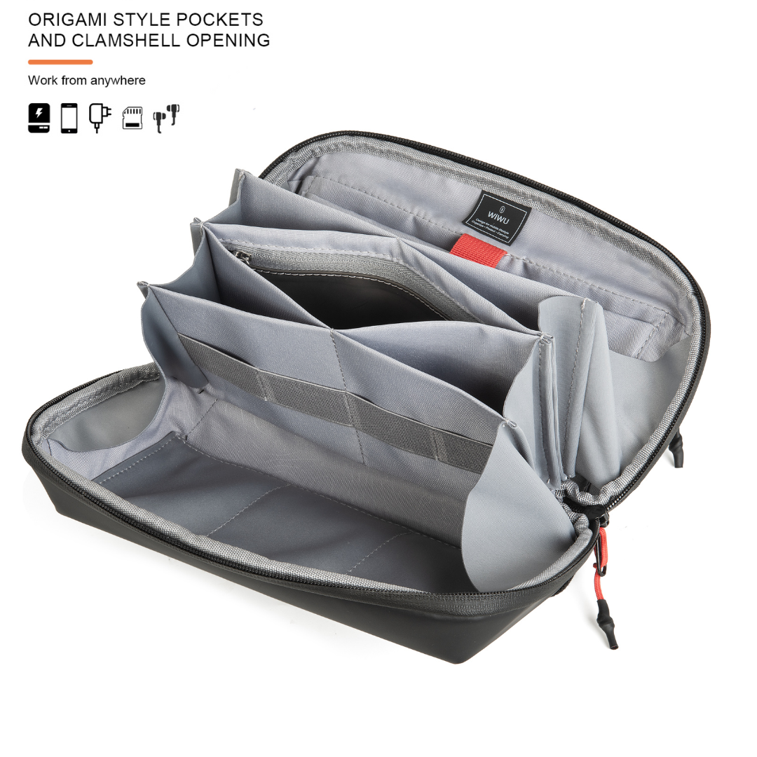 WiWU Warriors XPRO Tech Pouch 4L Electronics Organizer | Water-Resistant Vlog Camera Bag with YKK Aquaguard Zipper | 180° Clamshell Opening Travel Cable Pouch | Fits 7.9-inch Tablet, Power Bank, SD Cards