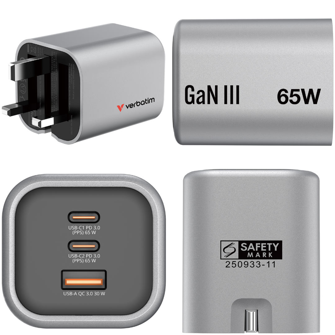 Verbatim GCF65 65W GaN Charger | 3-Port USB-C PD 3.0 & USB-A QC 3.0 | Ultra-Compact Foldable UK Plug | PPS Super Fast Charging for Laptops, Tablets & Smartphones - Buy Now!