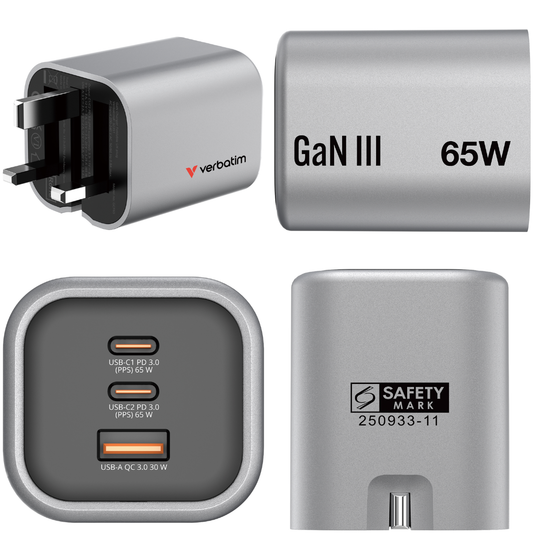 Verbatim GCF65 65W GaN Charger | 3-Port USB-C PD 3.0 & USB-A QC 3.0 | Ultra-Compact Foldable UK Plug | PPS Super Fast Charging for Laptops, Tablets & Smartphones - Buy Now!