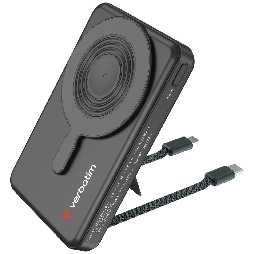 Verbatim 10000mAh 5-in-1 Magnetic Wireless Power Bank | Built-in USB-C & Lightning Cables