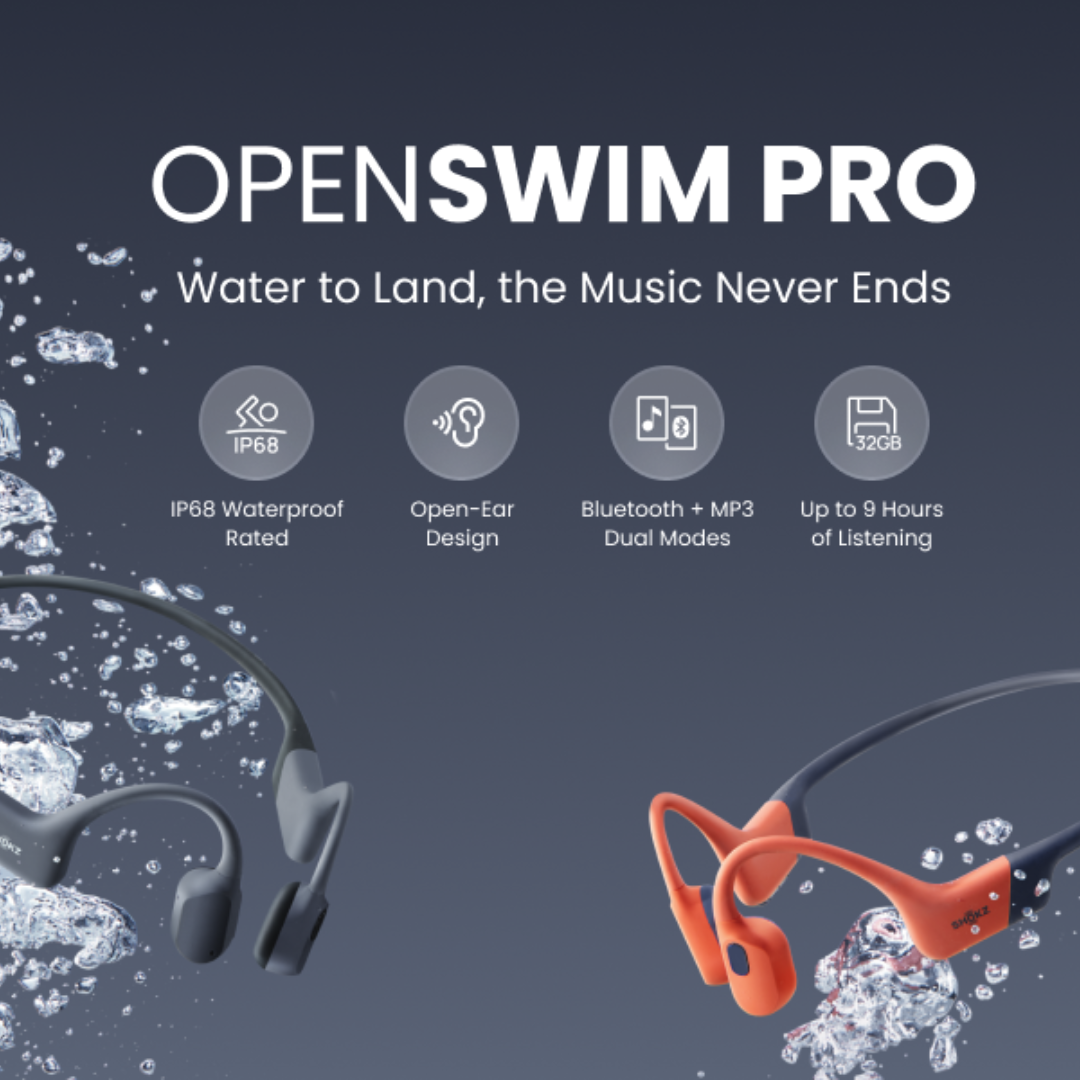 SHOKZ OpenSwim Pro - Open-Ear Bluetooth Headphones & 32GB MP3 Player, IP68 Waterproof, Bone Conduction Headphones, Secure Fit for Workouts, Running and Swimming, Built-in Microphone, Shokz App