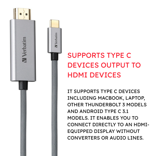 Verbatim USB-C to HDMI 4K Cable 2m | 4K @ 60Hz Ultra HD | HDMI 2.0 18Gbps | HDCP 2.2 Support for Netflix & Streaming | Plug & Play for Laptops, Tablets & Smartphones | 2-Year Warranty