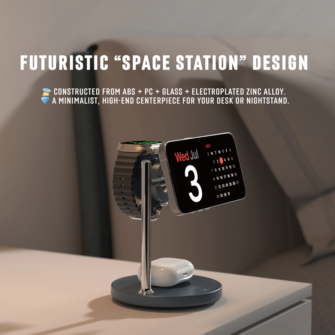 Angled view of the WiWU charger showing the premium electroplated zinc alloy material and futuristic design.