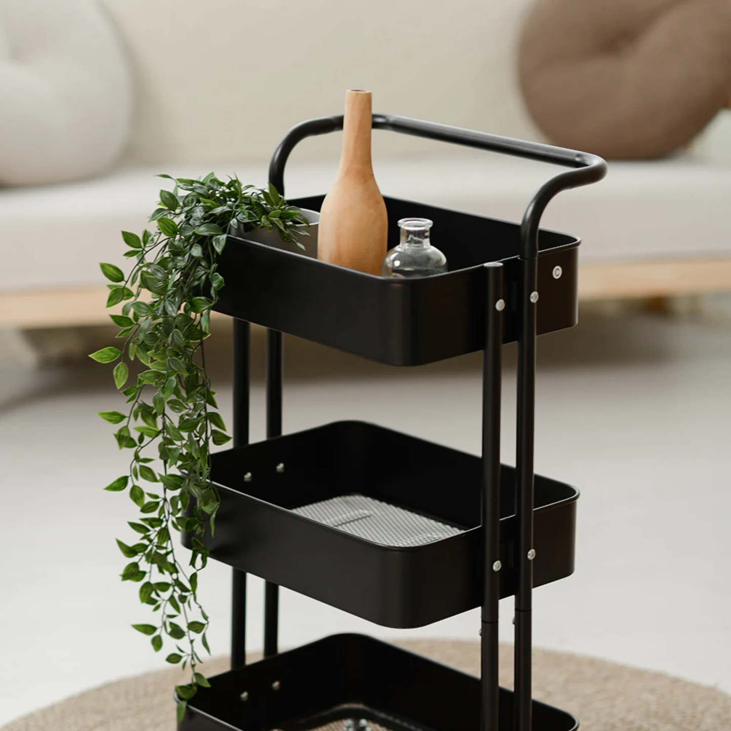 RENE Cielo Matte Black 3-Tier Kitchen Service Trolley Cart, Metal Storage & Serving Rack