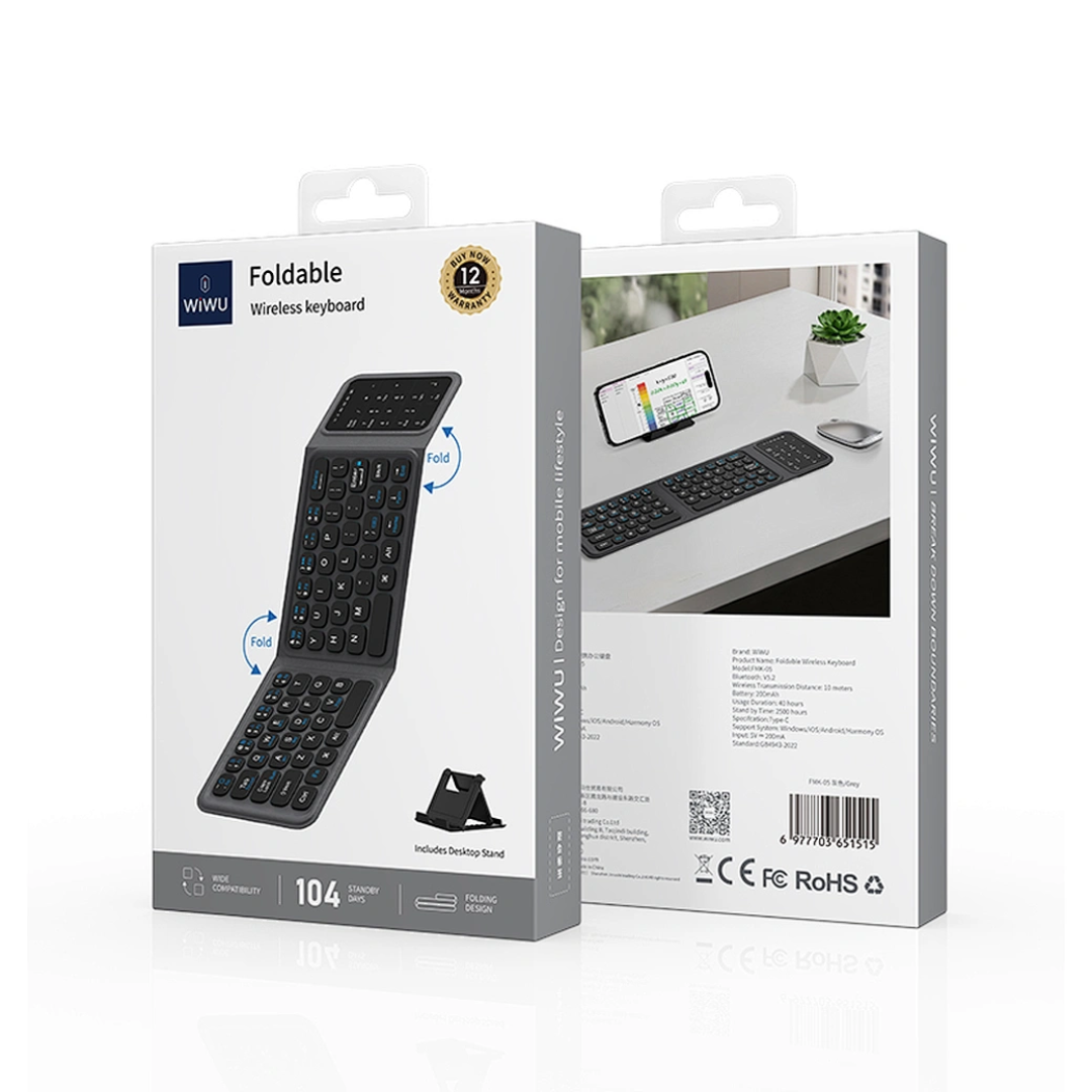 WiWU FMK-05 Foldable Wireless Bluetooth 5.2 Keyboard | Ultra-Slim Portable Rechargeable Keyboard for Tablet Smartphone Laptop | Type-C Fast Charge Quiet Keys | Includes Folding Stand & Carry Pouch