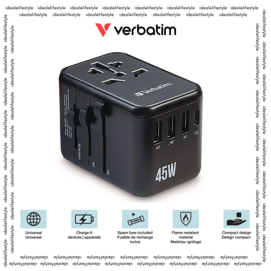 Verbatim® UTA-08 Universal Travel Adapter, (3) USB-A/(3) USB-C (VER32123)