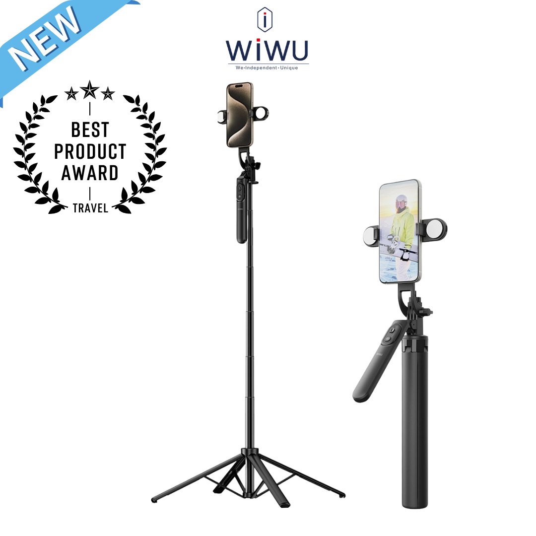 WiWU Wi-SE012 180cm selfie stick fully extended in tripod mode with a smartphone mounted and the dual fill lights visible.