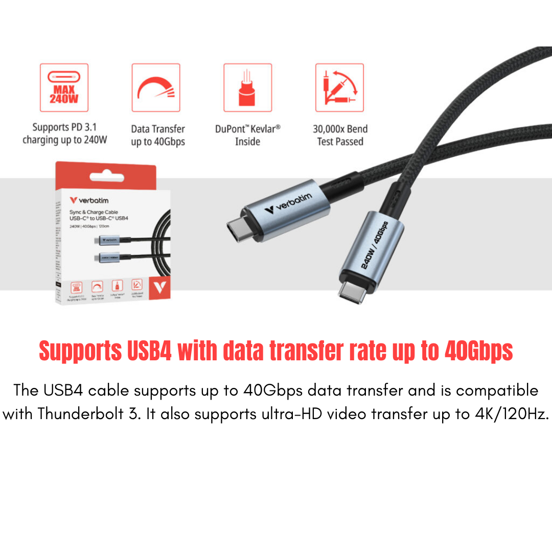Verbatim 240W USB4 Cable USB-C to USB-C | DuPont™ Kevlar® Fortified | 40Gbps Data Transfer | 4K/120Hz Video Output | PD 3.1 E-Marker for Gaming Laptops & Workstations | 30,000x Bend Test 1.2M