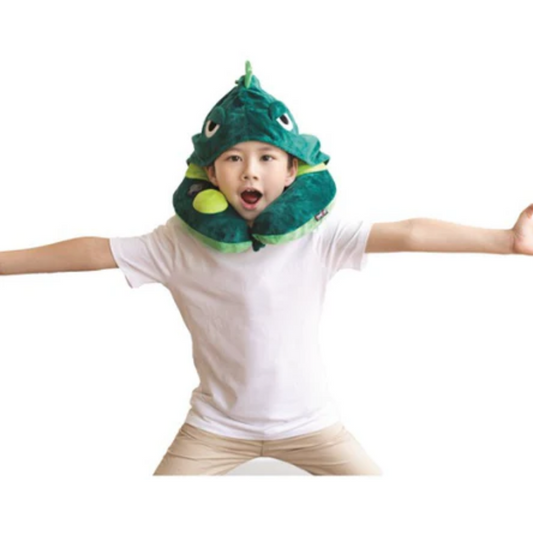 Travelmall 3D Inflatable Nursing Neck Pillow with Patented Pump and Hood (Dinosaur)