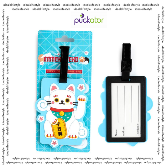 PUCKATOR Maneki Neko Lucky Cat PVC Luggage Tag in white and red with raised paw, ideal for suitcase identification while traveling.