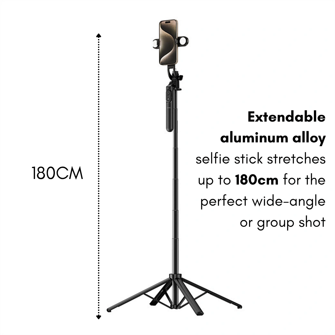 WiWU Wi-SE012 180cm selfie stick fully extended in tripod mode with a smartphone mounted and the dual fill lights visible.