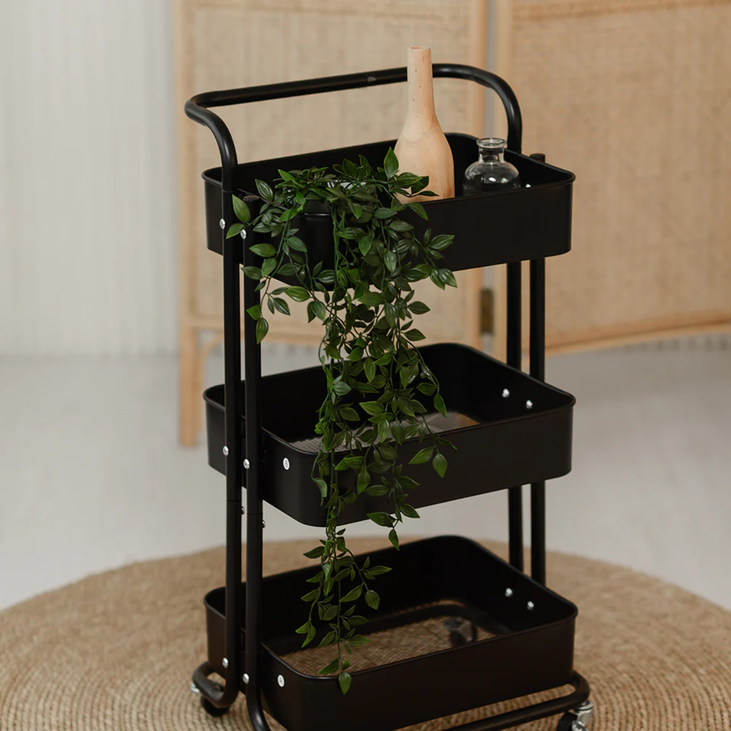RENE Cielo Matte Black 3-Tier Kitchen Service Trolley Cart, Metal Storage & Serving Rack