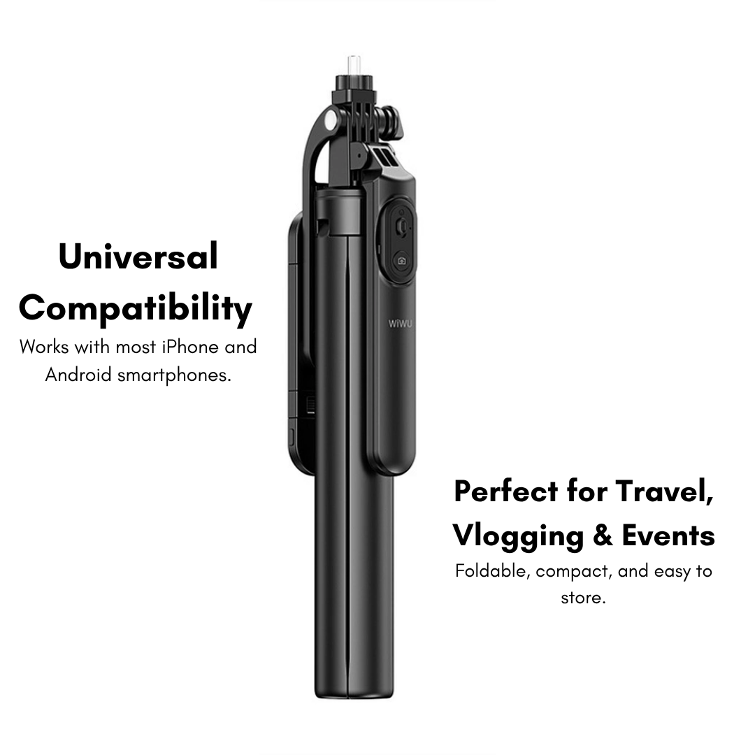 The WiWU Wi-SE012 selfie stick folded down and placed next to a smartphone to show its compact size.