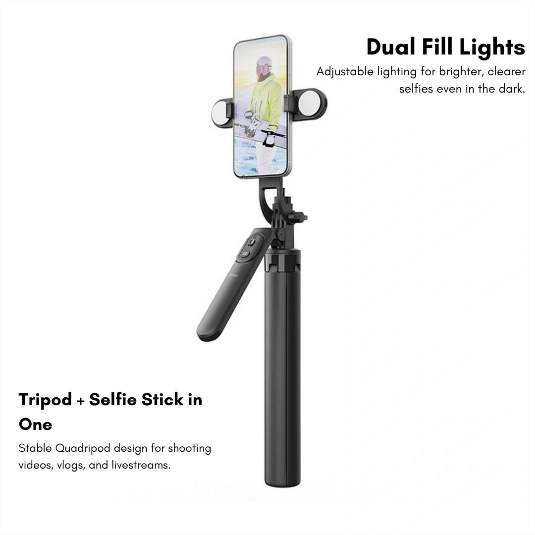 The WiWU Wi-SE012 selfie stick folded down and placed next to a smartphone to show its compact size.