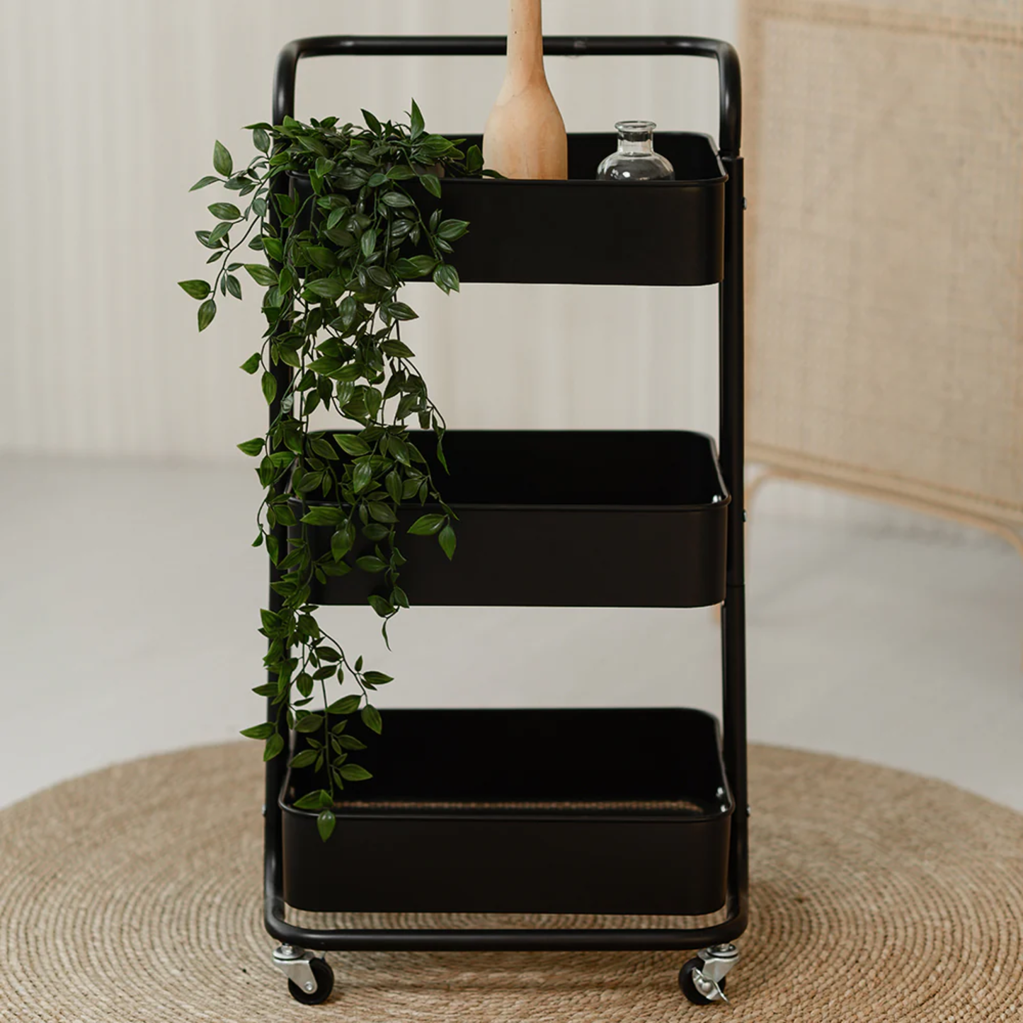 RENE Cielo Matte Black 3-Tier Kitchen Service Trolley Cart, Metal Storage & Serving Rack