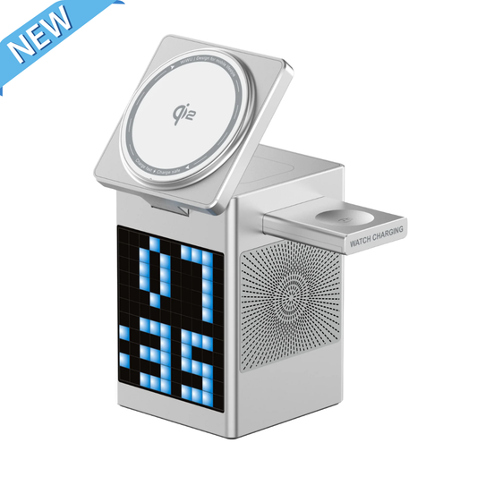 WiWU W043 Pixel 5-in-1 Wireless Charging Station 15W Fast Charge 5W Bluetooth Speaker Clock Watch Earbud Dock W043