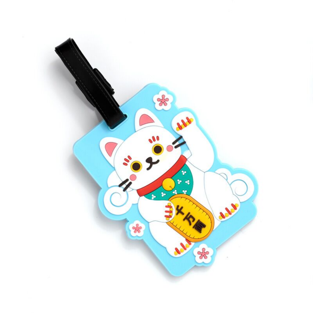PUCKATOR Maneki Neko Lucky Cat PVC Luggage Tag in white and red with raised paw, ideal for suitcase identification while traveling.
