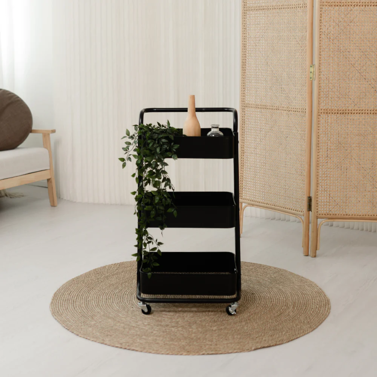 RENE Cielo Matte Black 3-Tier Kitchen Service Trolley Cart, Metal Storage & Serving Rack