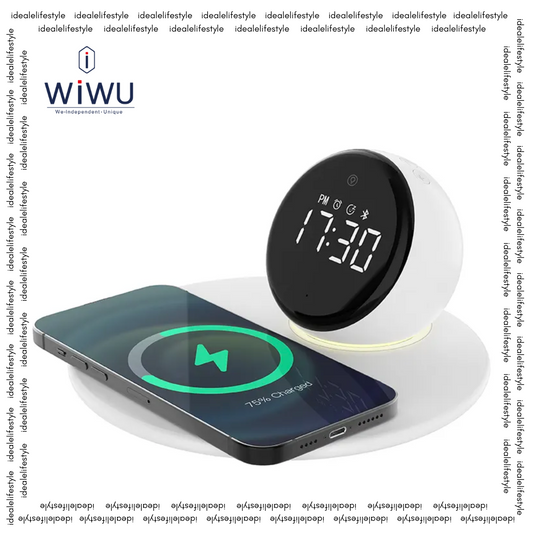 WiWU Wi-W017  5 in1 Wireless Charging, Clock & Bluetooth speaker With White Noise Led Desk Lamp Clock
