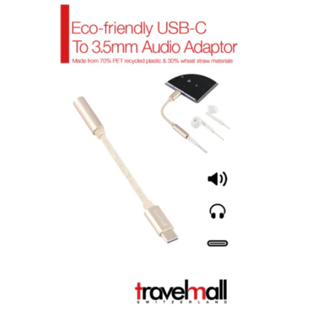 Travelmall Switzerland Eco-Friendly USB-C to 3.5mm Headphone Jack Adapter | High-Fidelity Audio Converter | Sustainable Recycled PET & Wheat Straw Cable | For iOS, Android & Tablets - Shop Now!