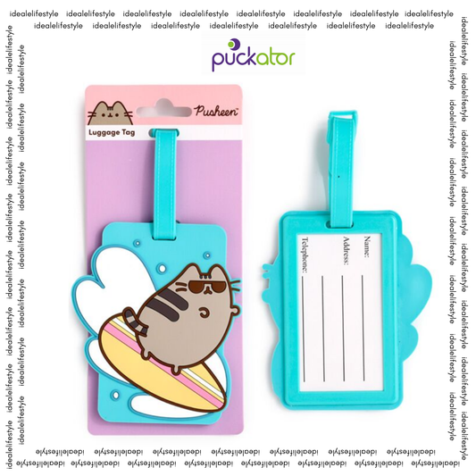 PUCKATOR Pusheen the Cat Summer Surfer PVC Luggage Tag in pink and turquoise, featuring Pusheen on a surfboard with palm tree background.
