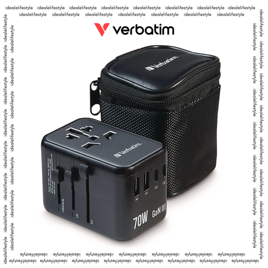 Verbatim® UTA-09 Gan III Universal Travel Adapter, (2) USB-A/(2) USB-C/USB-C with Power Delivery 3.0 (VER32124)