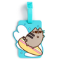 PUCKATOR Pusheen the Cat Summer Surfer PVC Luggage Tag in pink and turquoise, featuring Pusheen on a surfboard with palm tree background.