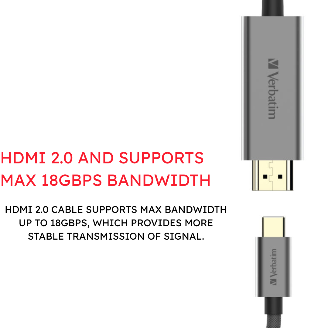 Verbatim USB-C to HDMI 4K Cable 2m | 4K @ 60Hz Ultra HD | HDMI 2.0 18Gbps | HDCP 2.2 Support for Netflix & Streaming | Plug & Play for Laptops, Tablets & Smartphones | 2-Year Warranty