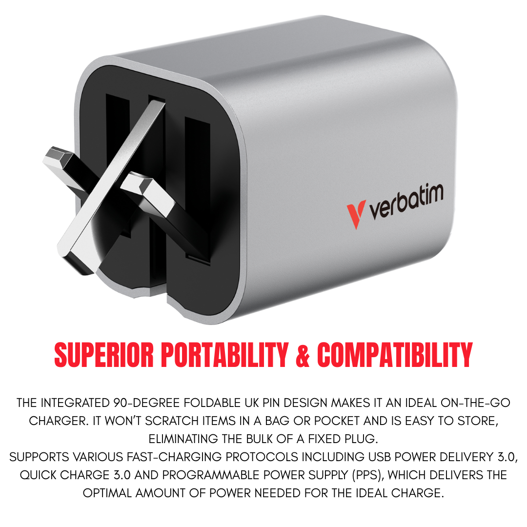 Verbatim GCF65 65W GaN Charger | 3-Port USB-C PD 3.0 & USB-A QC 3.0 | Ultra-Compact Foldable UK Plug | PPS Super Fast Charging for Laptops, Tablets & Smartphones - Buy Now!