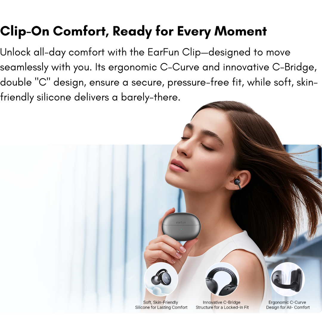 EarFun Clip - Black: Ultra-light open-ear wireless earbuds with secure fit and soft ear hooks