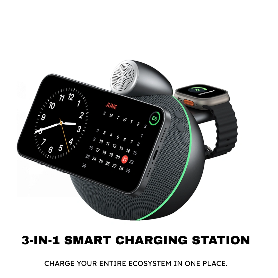 WiWU Conch Wi-G042 3-in-1 Wireless Charger & Bluetooth Speaker | 25W Qi2 Magnetic Fast Charge for iPhone & Android | Apple & Huawei Watch Compatible | Hi-Fi Audio with Deep Bass - Buy Now!