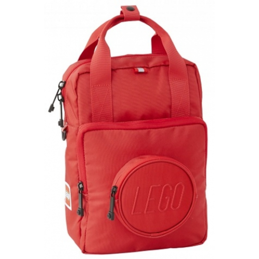 Main Image: LEGO Signature Brick 1x1 Kids Backpack in a vibrant color, featuring the iconic brick-shaped front pocket and side water bottle holder.