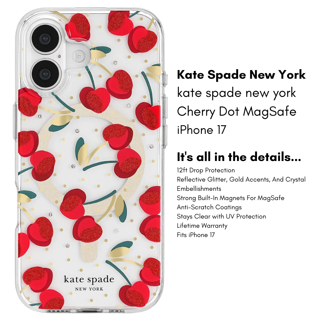 Kate Spade New York iPhone 17 MagSafe Case – Drop Protection | Floral, Glitter, Clear | Autumn Toile, Cherry Dot