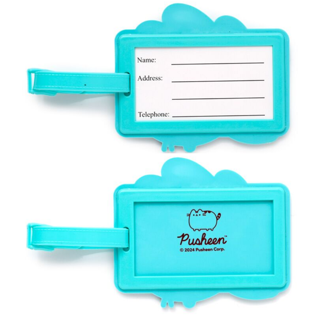 PUCKATOR Pusheen the Cat Summer Surfer PVC Luggage Tag in pink and turquoise, featuring Pusheen on a surfboard with palm tree background.