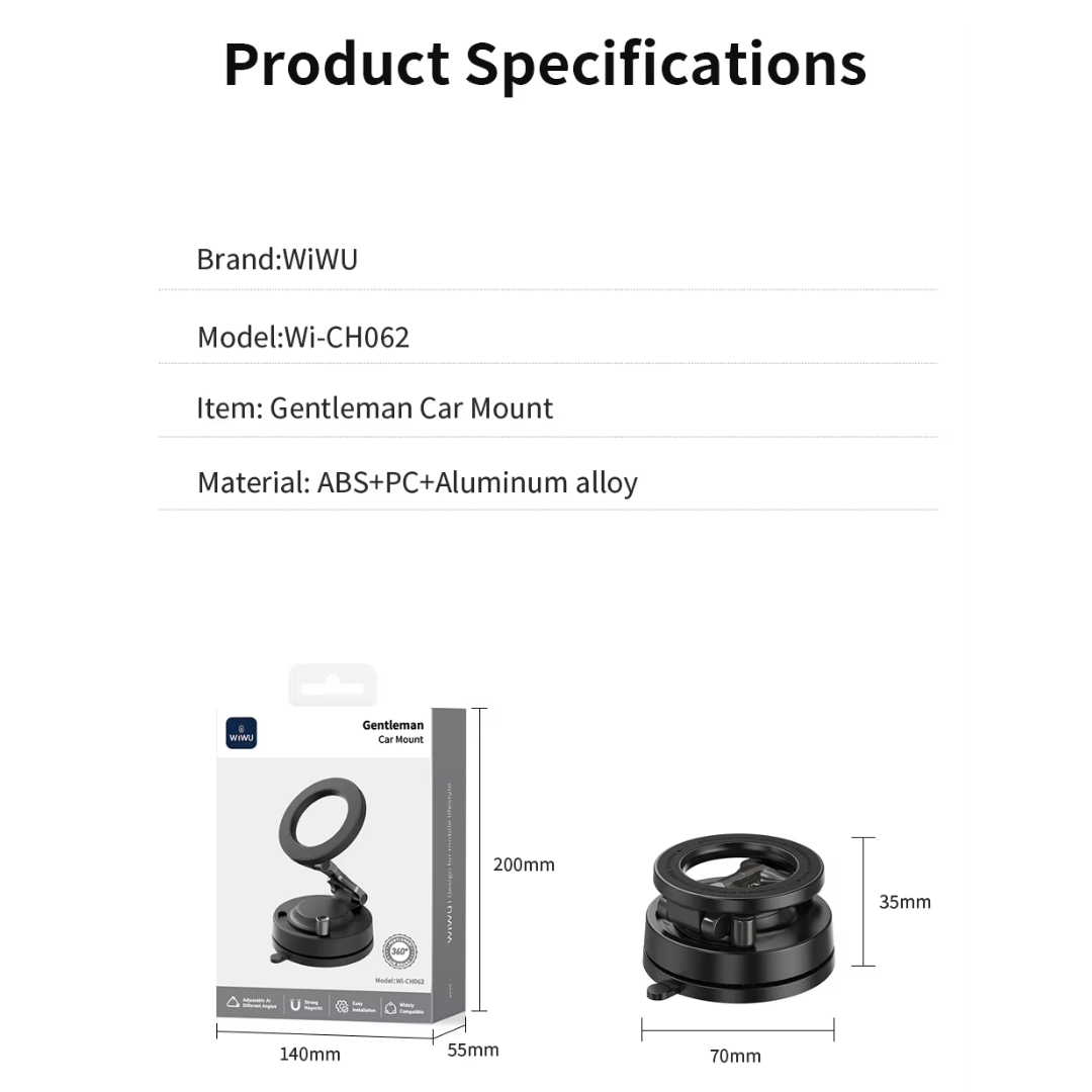 WiWU Gentleman Car Mount Wi-CH062 Magnetic Phone Holder 720° Foldable Desk Stand Zinc Alloy Dashboard Mount for Phone
