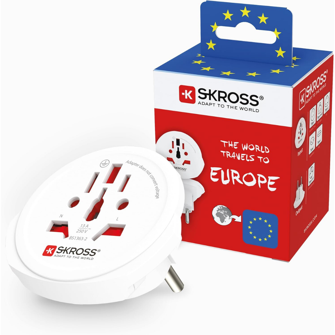 SKROSS World to Europe Travel Adapter (16A / 4000W Max) | Universal Plug for Germany, France, Spain & EU