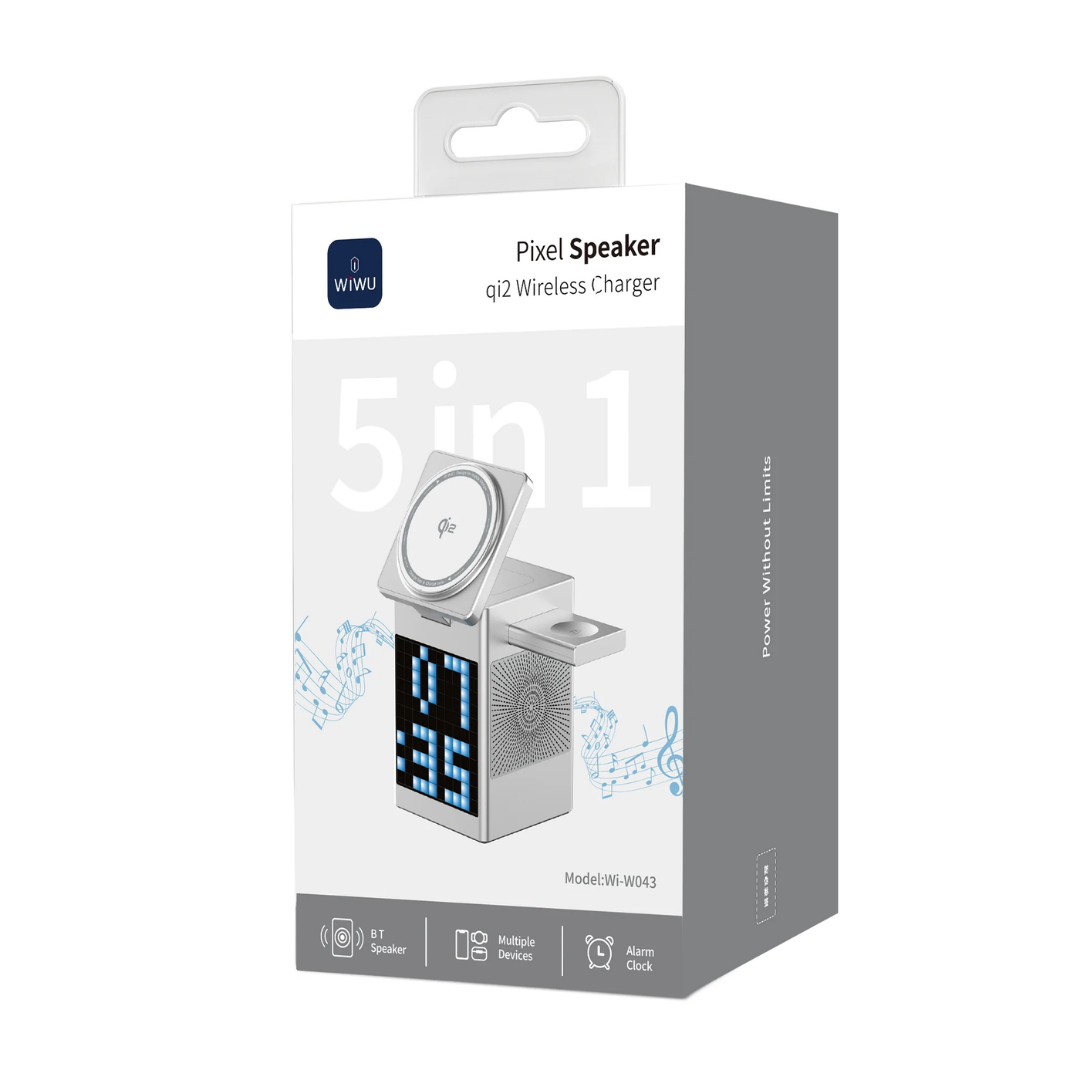 WiWU W043 Pixel 5-in-1 Wireless Charging Station 15W Fast Charge 5W Bluetooth Speaker Clock Watch Earbud Dock W043