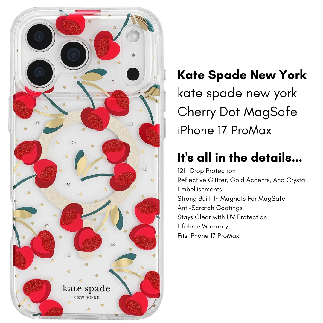Kate Spade New York iPhone 17 MagSafe Case – Drop Protection | Floral, Glitter, Clear | Autumn Toile, Cherry Dot