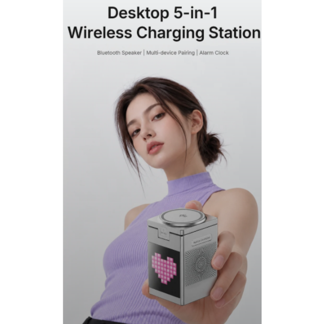 WiWU W043 Pixel 5-in-1 Wireless Charging Station 15W Fast Charge 5W Bluetooth Speaker Clock Watch Earbud Dock W043