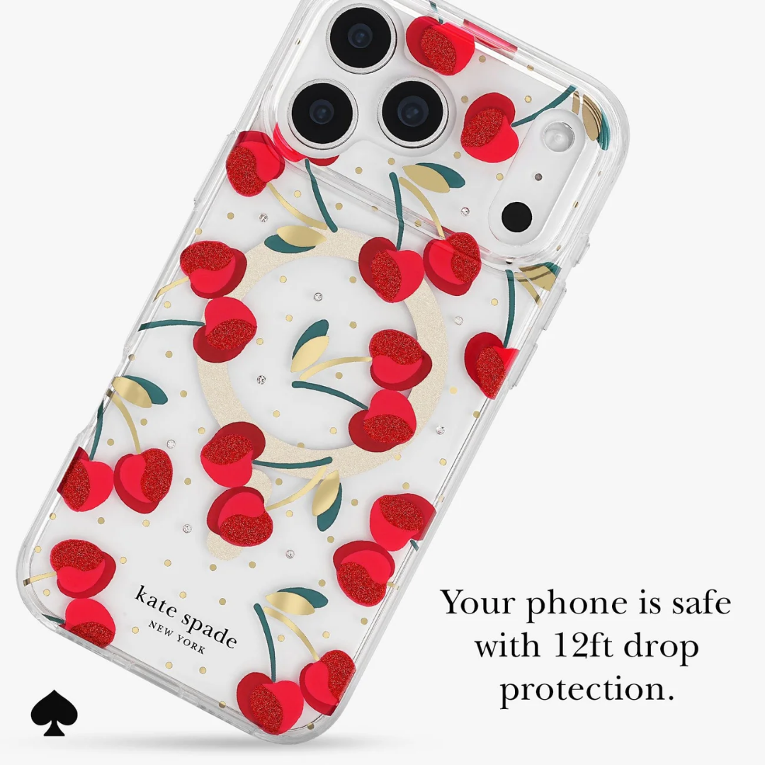 Kate Spade New York iPhone 17 MagSafe Case – Drop Protection | Floral, Glitter, Clear | Autumn Toile, Cherry Dot