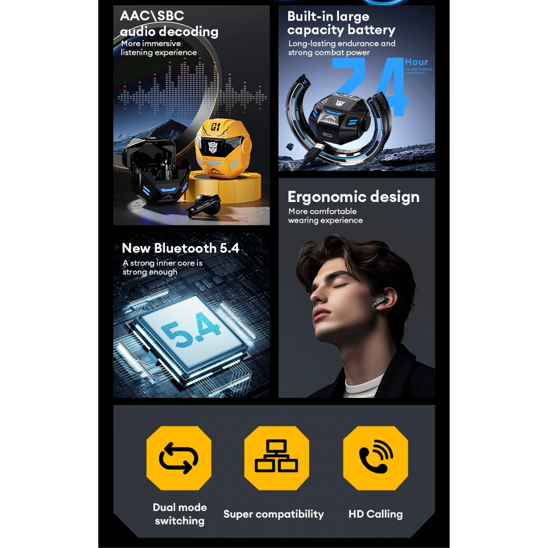 Transformers TF-T36 Wireless Earphones Bluetooth 5.4 | HD Call Noise Reduction | 24H Battery Life | HiFi Surround Sound TWS Gaming Earbuds