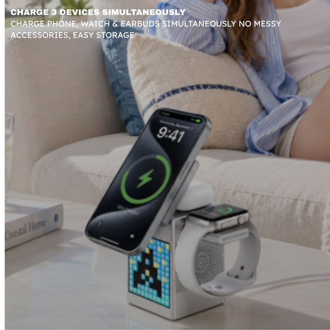 WiWU W043 Pixel 5-in-1 Wireless Charging Station 15W Fast Charge 5W Bluetooth Speaker Clock Watch Earbud Dock W043