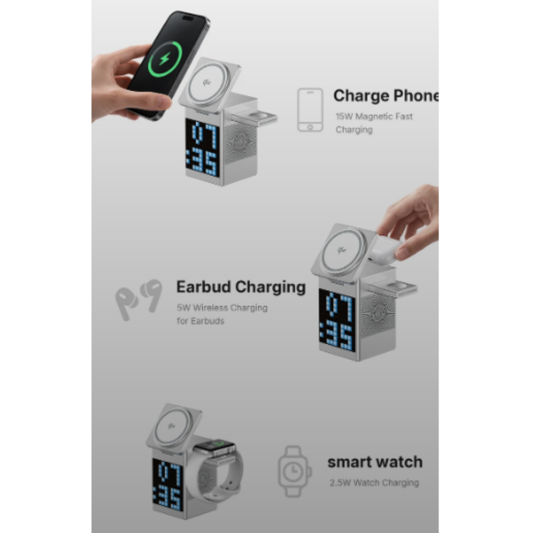 WiWU W043 Pixel 5-in-1 Wireless Charging Station 15W Fast Charge 5W Bluetooth Speaker Clock Watch Earbud Dock W043