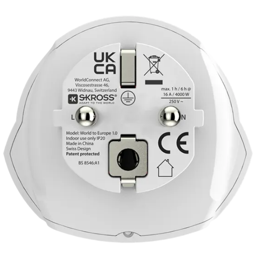SKROSS World to Europe Travel Adapter (16A / 4000W Max) | Universal Plug for Germany, France, Spain & EU