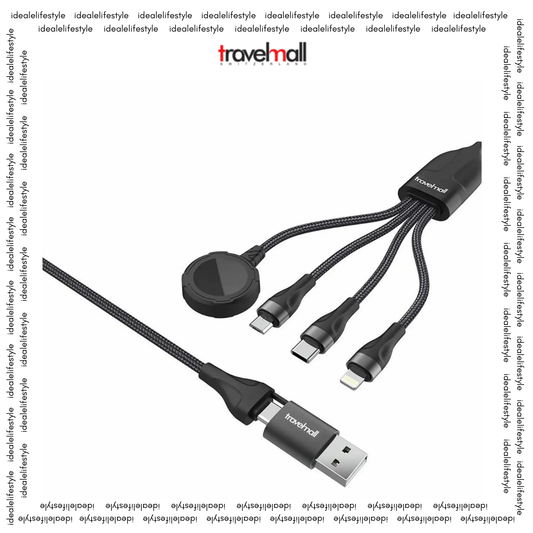 Travelmall Multi-Tool Pro 6-in-1 Smart USB Cable with interchangeable Lightning, USB-C, Micro-USB, and Apple Watch connectors, ideal for travel charging.