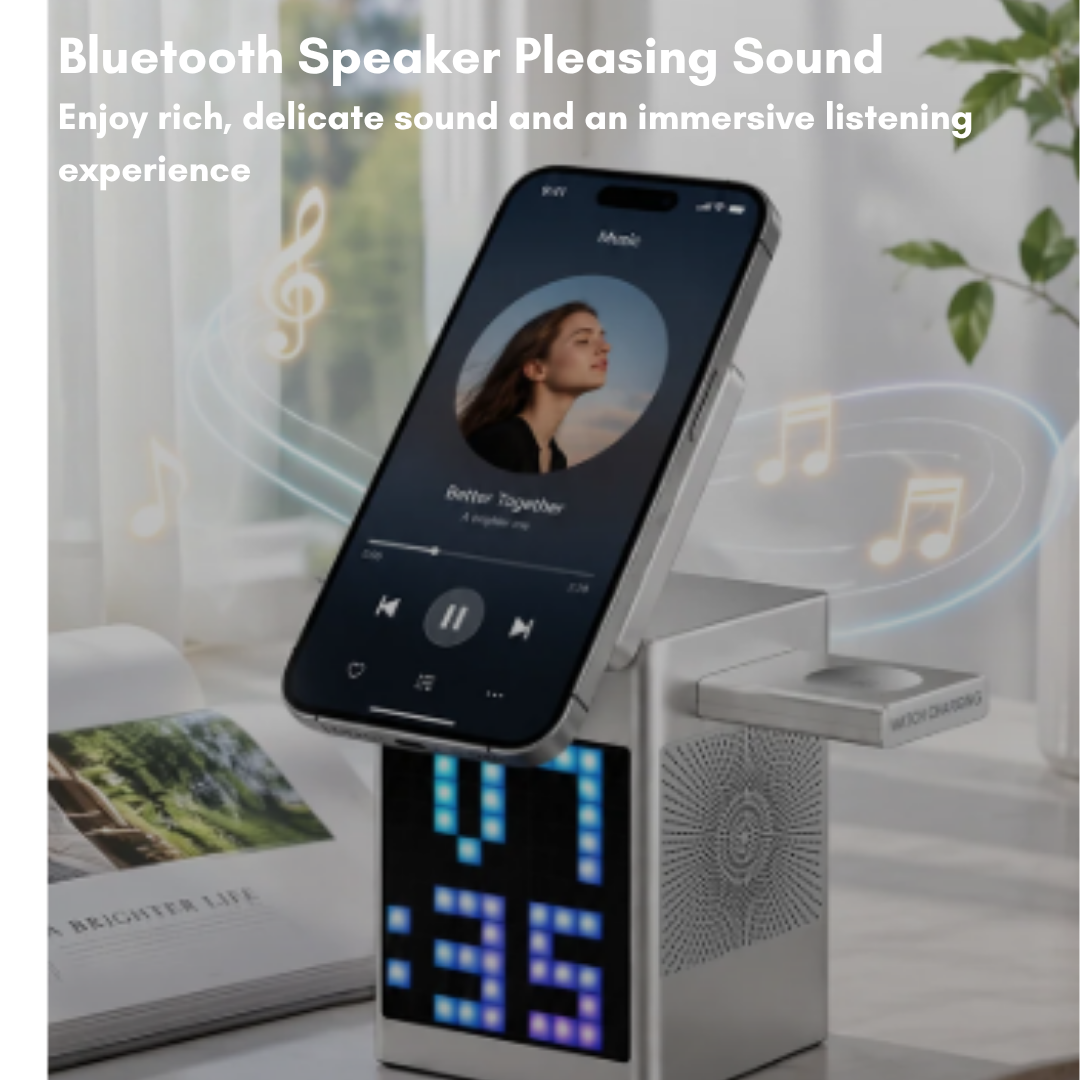 WiWU W043 Pixel 5-in-1 Wireless Charging Station 15W Fast Charge 5W Bluetooth Speaker Clock Watch Earbud Dock W043
