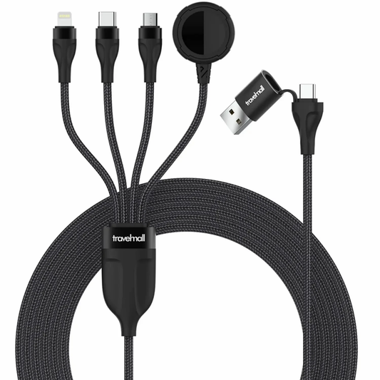 Travelmall Multi-Tool Pro 6-in-1 Smart USB Cable with interchangeable Lightning, USB-C, Micro-USB, and Apple Watch connectors, ideal for travel charging.