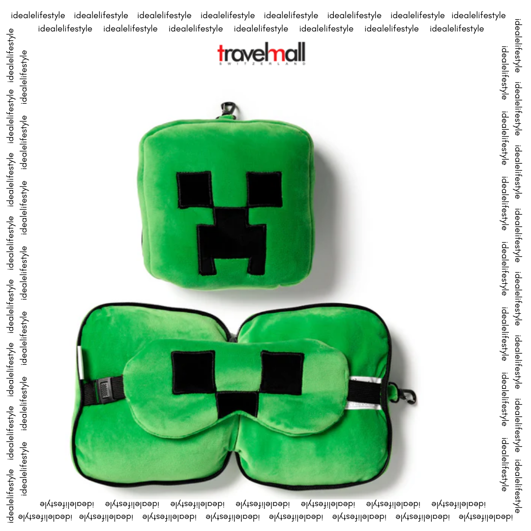 Travelmall Minecraft Creeper Shaped Plush Travel Pillow & Eye Mask Set